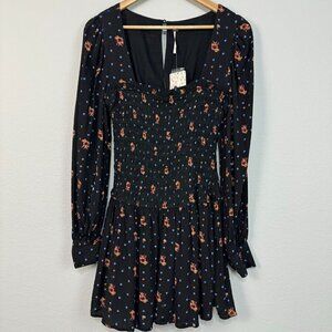 Free People Women Two Faces Mini Dress Square Neckline Floral Black Multi XS